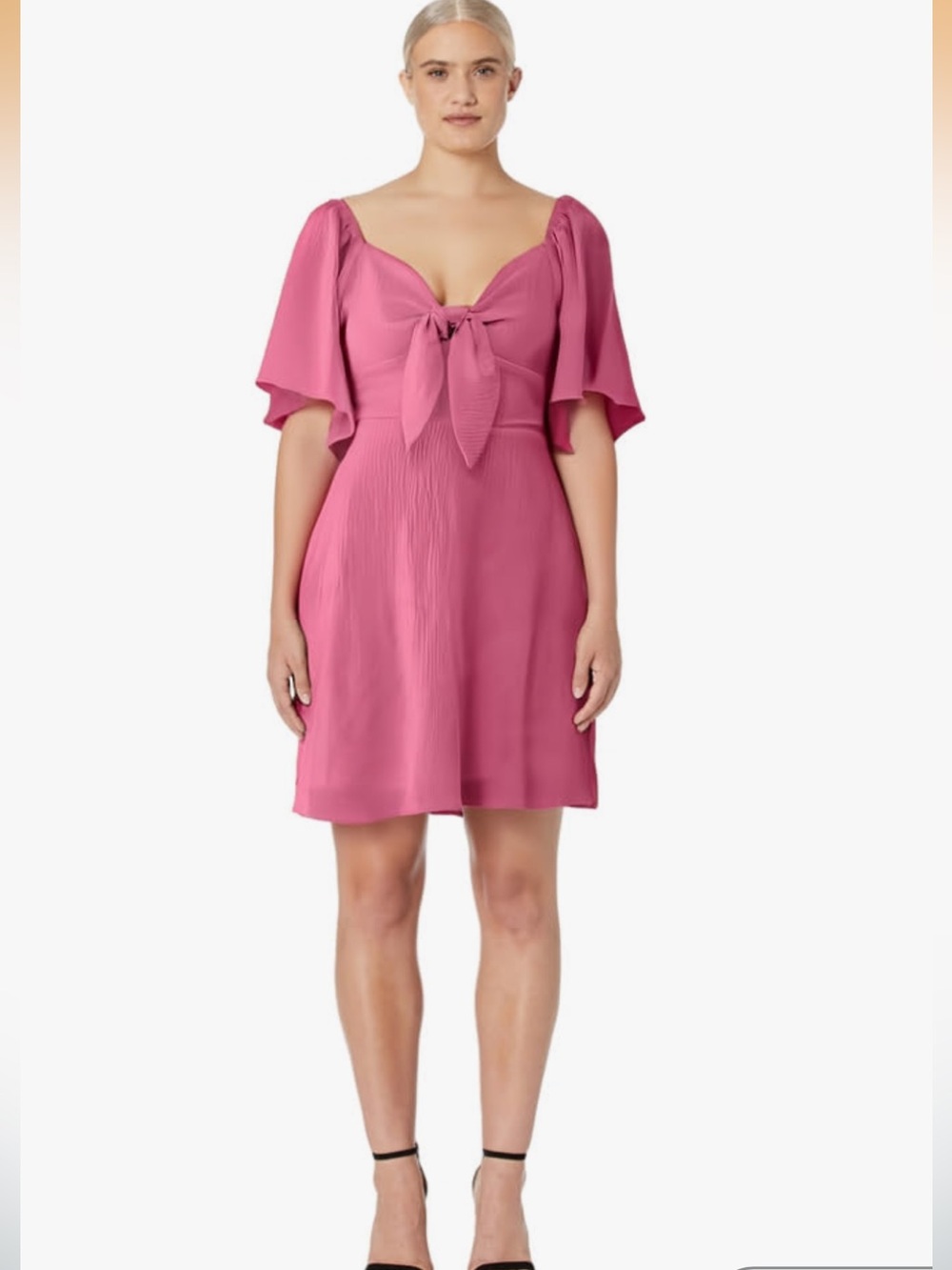 Pink Tie-Front Flutter Sleeve Dress - XL